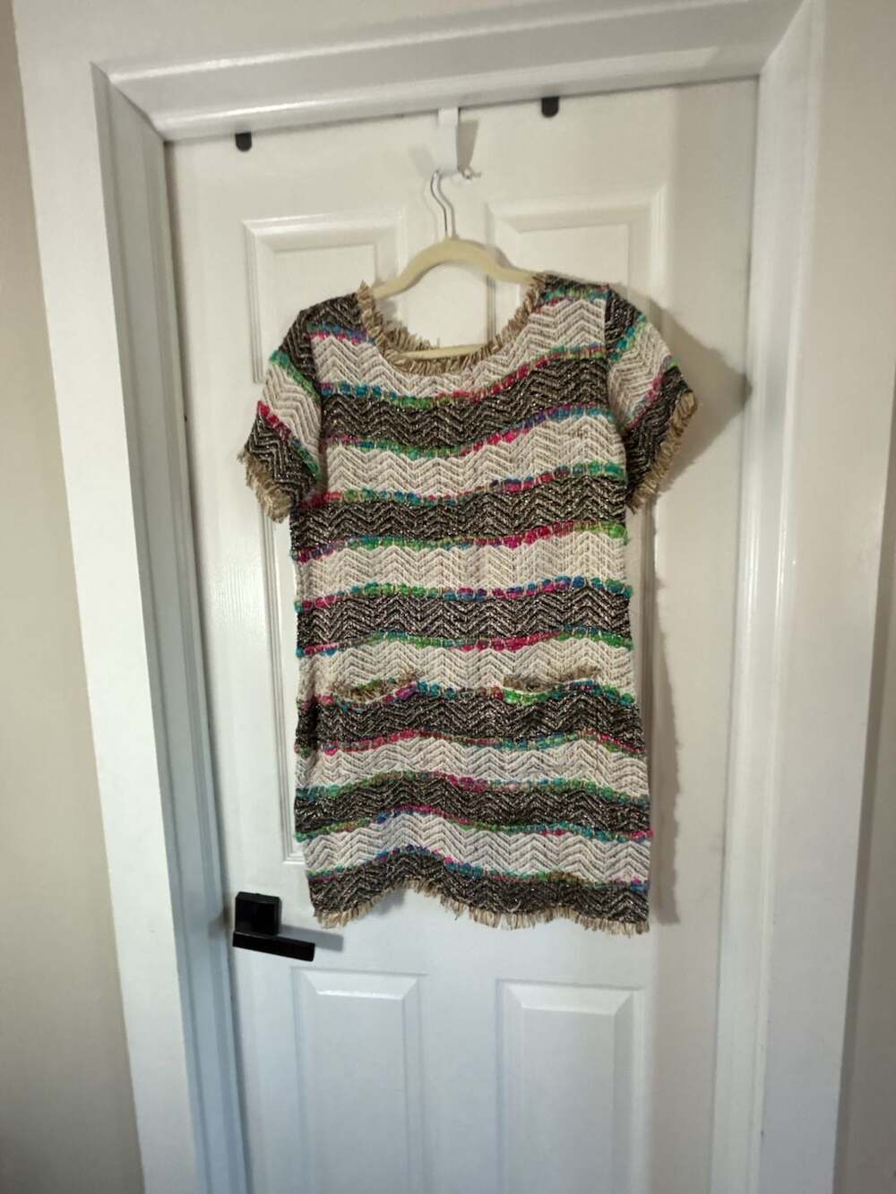 Judith March Style 1473D-1 Colorful Zigzag Tweed Fringe Sheath Mini Dress Medium